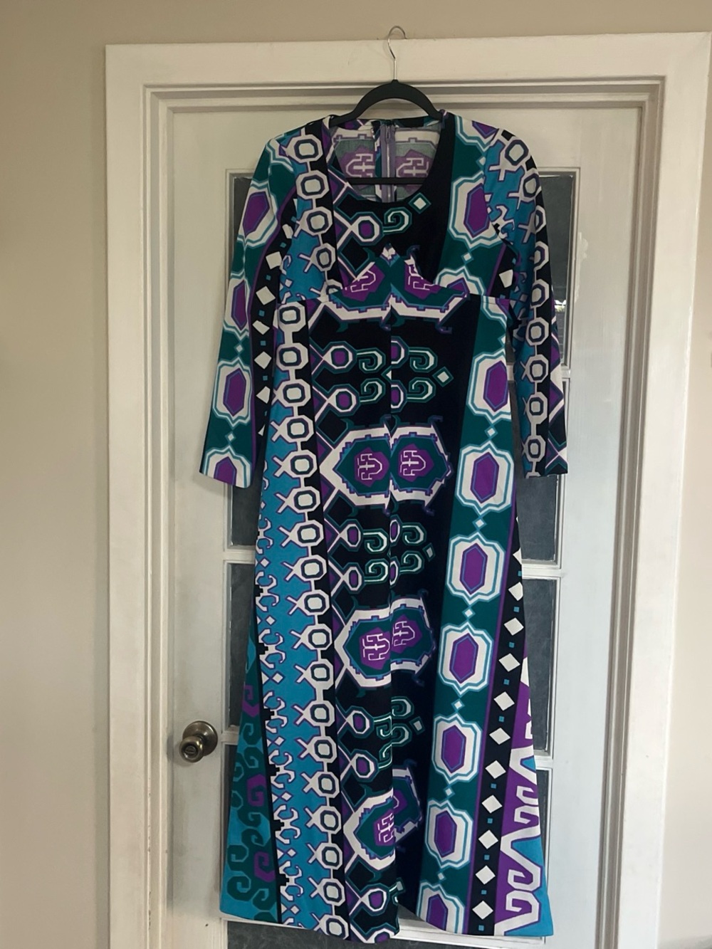 1970’s Polyester Teal & Purple Geometric Maxi Dress Very Pucciesque